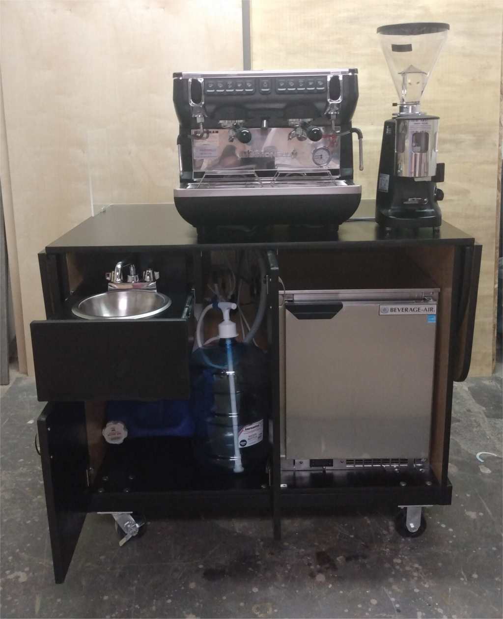 4 foot classic espresso cart opened up to show plumbing